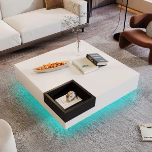 Hoogglans witte en zwarte kleurenblok salontafel met LED, 72x72x30 cm