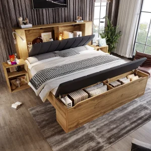 Houten tweepersoonsbed – 160 x 200 cm – met inklapbaar hoofdeinde + 2 nachtkastjes + opbergbankje + 2 lampen – naturel Houten tweepersoonsbed – 160 x 200 cm – met inklapbaar hoofdeinde + 2 nachtkastjes + opbergbankje + 2 lampen – naturel