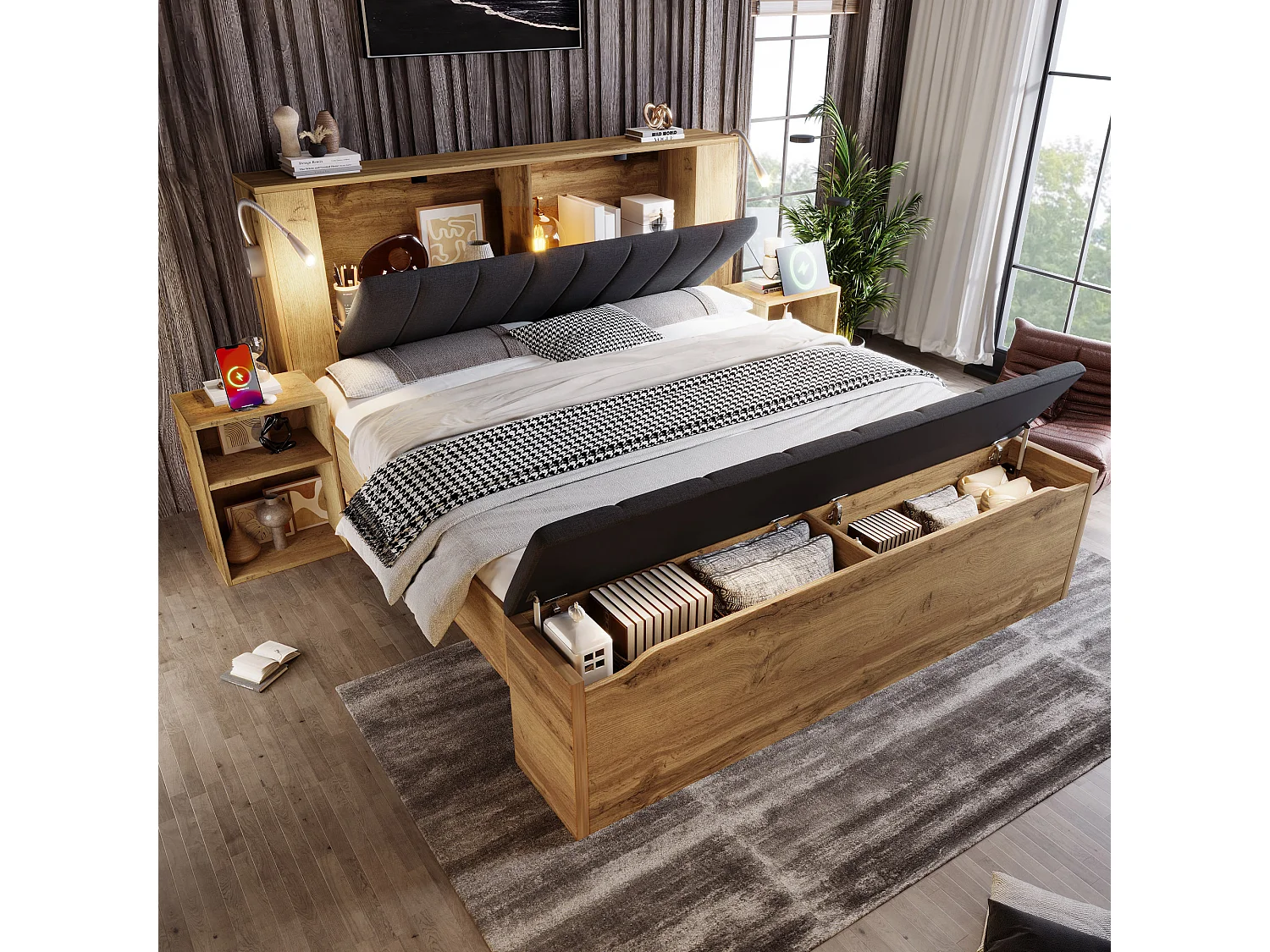 Houten tweepersoonsbed - 180 x 200 cm - met inklapbaar hoofdeinde + 2 nachtkastjes + opbergbankje + 2 lampen - naturel