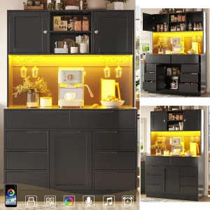 Hoge keukenkast – 120 x 40 x 183,5 cm – met LED-verlichting + USB + magnetische deuren + 8 lades – MDF – zwart Hoge keukenkast – 120 x 40 x 183,5 cm – met LED-verlichting + USB + magnetische deuren + 8 lades – MDF – zwart