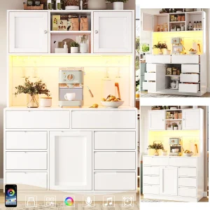 Hoog keukendressoir – 120 x 40 x 183,5 cm – met LED-verlichting + USB + magnetische deuren + 8 lades – MDF – wit Hoog keukendressoir – 120 x 40 x 183,5 cm – met LED-verlichting + USB + magnetische deuren + 8 lades – MDF – wit