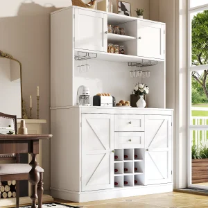 Hoog keukendressoir – 120 x 40 x 188 cm – met verstelbare planken + wijnrek + 4 deuren + 2 lades – MDF – wit Hoog keukendressoir – 120 x 40 x 188 cm – met verstelbare planken + wijnrek + 4 deuren + 2 lades – MDF – wit