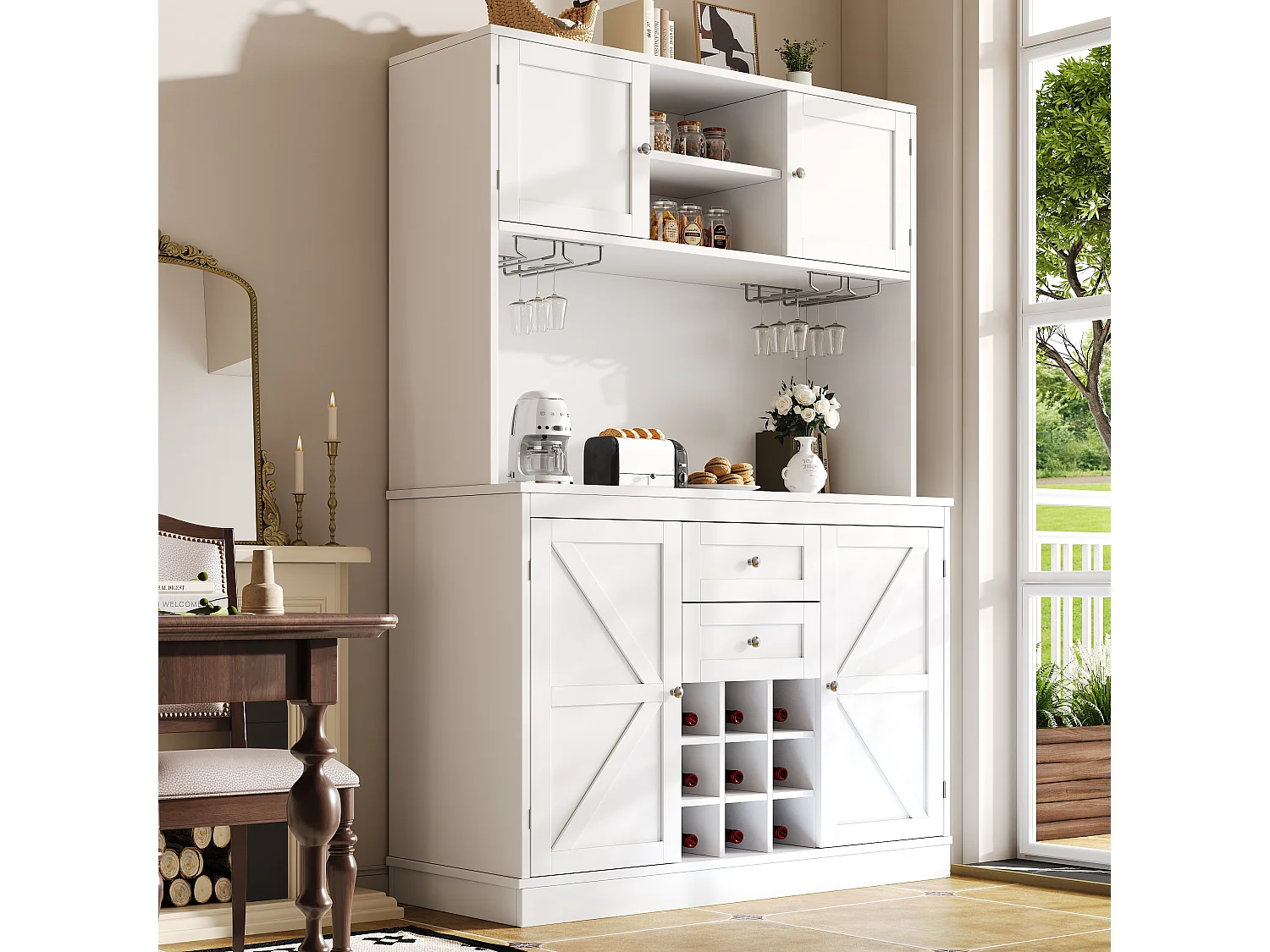 Hoog keukendressoir - 120 x 40 x 188 cm - met verstelbare planken + wijnrek + 4 deuren + 2 lades - MDF - wit