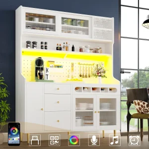 Hoge keukenkast – 145 x 39 x 171 cm – met LED-verlichting + wijnrek + glazen deuren + 3 lades – glas + MDF – wit Hoge keukenkast – 145 x 39 x 171 cm – met LED-verlichting + wijnrek + glazen deuren + 3 lades – glas + MDF – wit