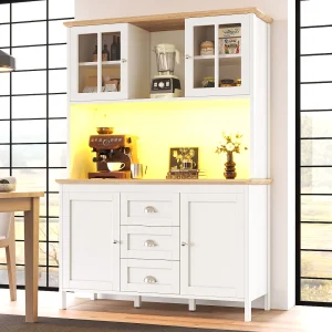 Hoog keukendressoir – 120 x 40 x 179 cm – met LED-verlichting + 4 deuren + 3 lades + plank – MDF + metaal – wit Hoog keukendressoir – 120 x 40 x 179 cm – met LED-verlichting + 4 deuren + 3 lades + plank – MDF + metaal – wit
