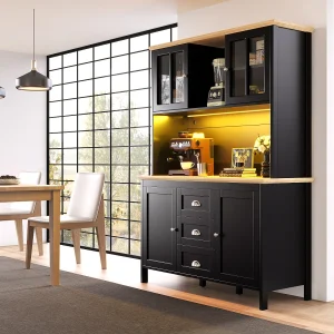 Hoog keukendressoir – 120 x 40 x 179 cm – met LED-verlichting + 4 deuren + 3 lades + plank – MDF + metaal – zwart Hoog keukendressoir – 120 x 40 x 179 cm – met LED-verlichting + 4 deuren + 3 lades + plank – MDF + metaal – zwart