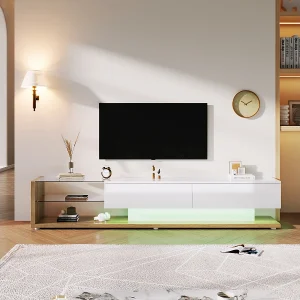 Hoogglans witte tv-kast met hout en ledverlichting. Combineert landelijke stijl met modern design.