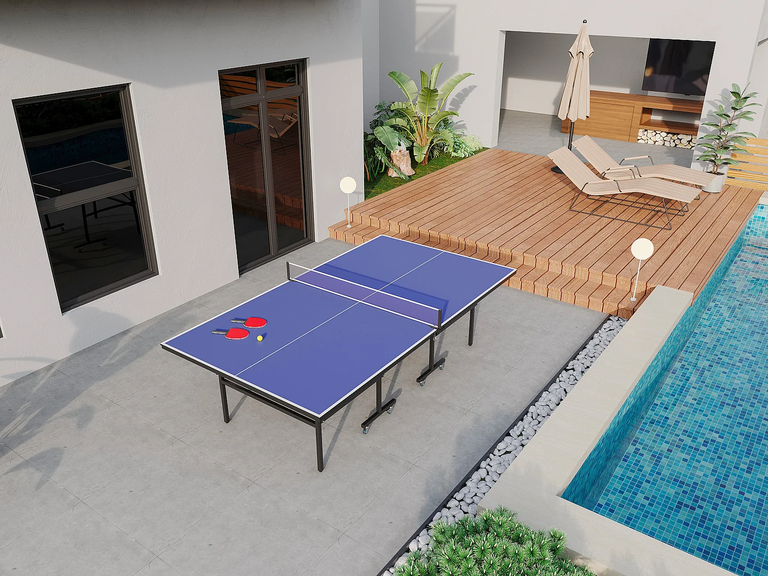 Opvouwbare tafeltennistafel op wieltjes met accessoires - L274 x B152.5 x H76 cm - JORDIE