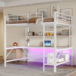 Hoogslaper met veiligheidshekje en trapje – 140 x 200 cm – met USB-aansluiting en stroomadapter – LED-verlichting en bureau – matras niet inbegrepen – metaal – wit Hoogslaper met veiligheidshekje en trapje – 140 x 200 cm – met USB-aansluiting en stroomadapter – LED-verlichting en bureau – matras niet inbegrepen – metaal – wit