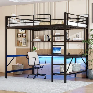Hoogslaper met leuning en trapladder – 140 x 200 cm – met USB en netstroom – LED en bureau – zonder matras – metaal – wit Hoogslaper met leuning en trapladder – 140 x 200 cm – met USB en netstroom – LED en bureau – zonder matras – metaal – wit