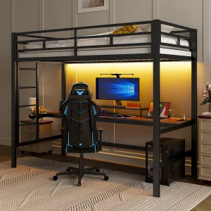 Hoogslaper met leuning en trapladder – 90 x 200 cm – met USB en tafel – LED – zonder matras – metaal – wit Hoogslaper met leuning en trapladder – 90 x 200 cm – met USB en tafel – LED – zonder matras – metaal – wit