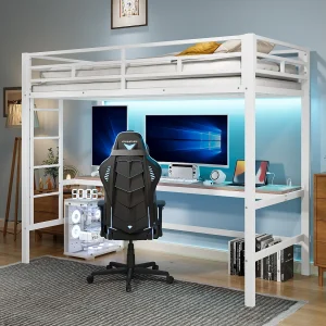 Hoogslaper met leuning en trapladder – 90 x 200 cm – met USB en tafel – LED – zonder matras – metaal – wit Hoogslaper met leuning en trapladder – 90 x 200 cm – met USB en tafel – LED – zonder matras – metaal – wit