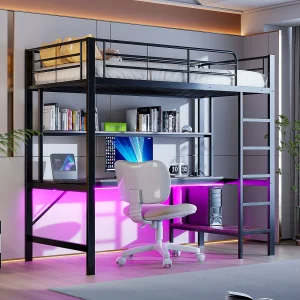 Hoogslaper met veiligheidshekje en trapje – 90 x 200 cm – met USB- en netstroomaansluiting – LED-verlichting en bureau – matras niet inbegrepen – metaal – zwart Hoogslaper met veiligheidshekje en trapje – 90 x 200 cm – met USB- en netstroomaansluiting – LED-verlichting en bureau – matras niet inbegrepen – metaal – zwart