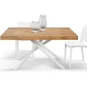 Houten tafel, eikenhouten afwerking, wit gelakte metalen onderstel, 180×90–260×90 – CARRARA Houten tafel, eikenhouten afwerking, wit gelakte metalen onderstel, 180×90–260×90 – CARRARA