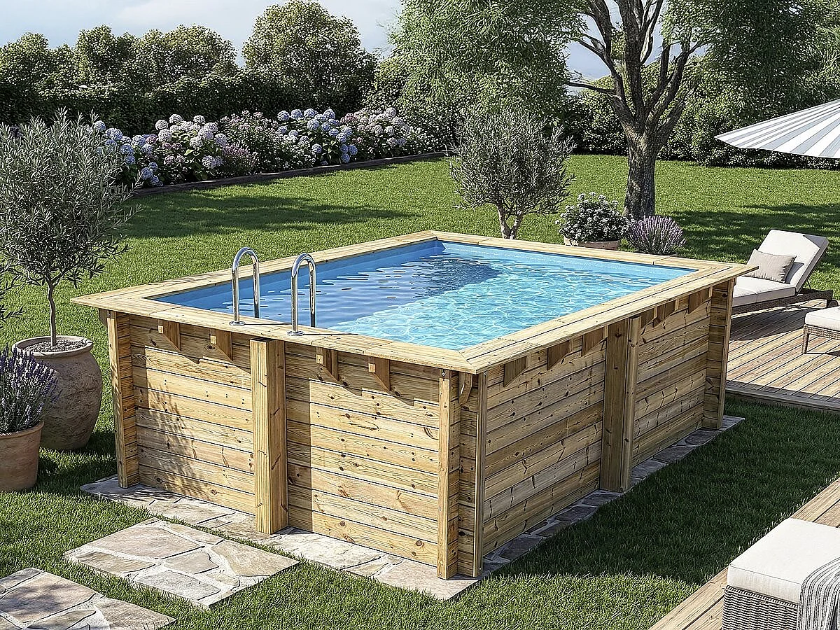 Rechthoekig houten zwembad "Zanzibar" - 3,50 x 2,30 x 1,24 m - 180 µ noppenzeil - 280 g/m² winterzeil