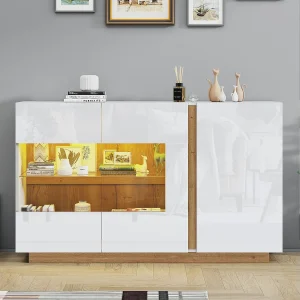 Hoogglans wit gelakt dressoir met 3 deuren – Hout, PB en glas 138 x 38 x 90,5 cm Hoogglans wit gelakt dressoir met 3 deuren – Hout, PB en glas 138 x 38 x 90,5 cm