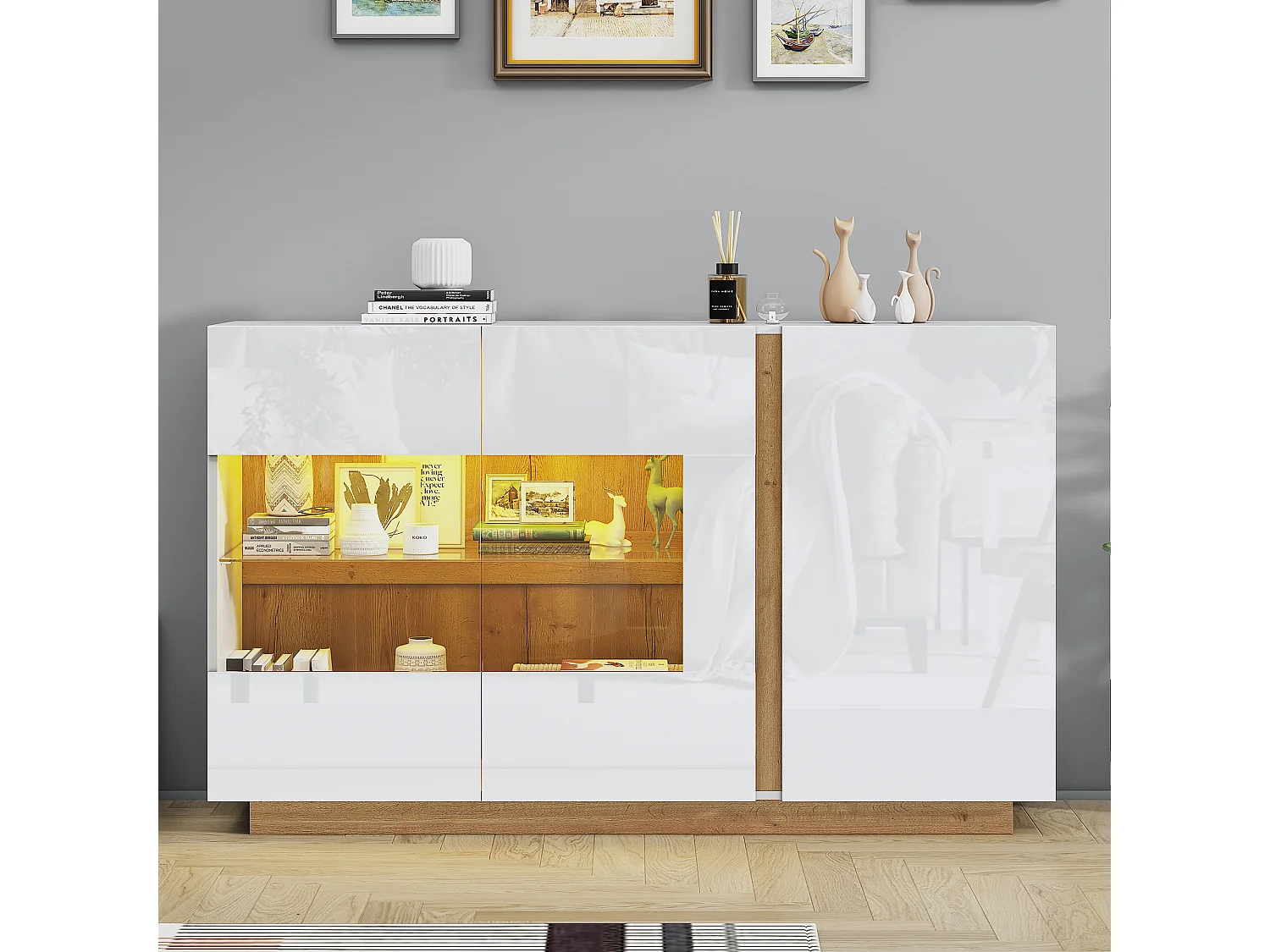 Hoogglans wit gelakt dressoir met 3 deuren - Hout, PB en glas 138 x 38 x 90,5 cm