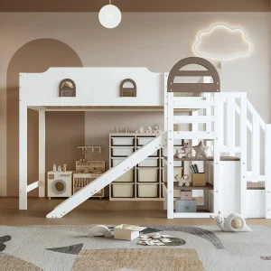 Hoogslaper van 90×200 cm in wit en bruin – Met glijbaan, trap en opbergruimte – Grenen en MDF-hout Hoogslaper van 90×200 cm in wit en bruin – Met glijbaan, trap en opbergruimte – Grenen en MDF-hout