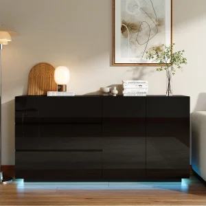 Hoogglans gelakte dressoir/commode met 2 deuren en 3 laden, woonkamermeubel met ledverlichting, keukenmeubel, zwart Hoogglans gelakte dressoir/commode met 2 deuren en 3 laden, woonkamermeubel met ledverlichting, keukenmeubel, zwart