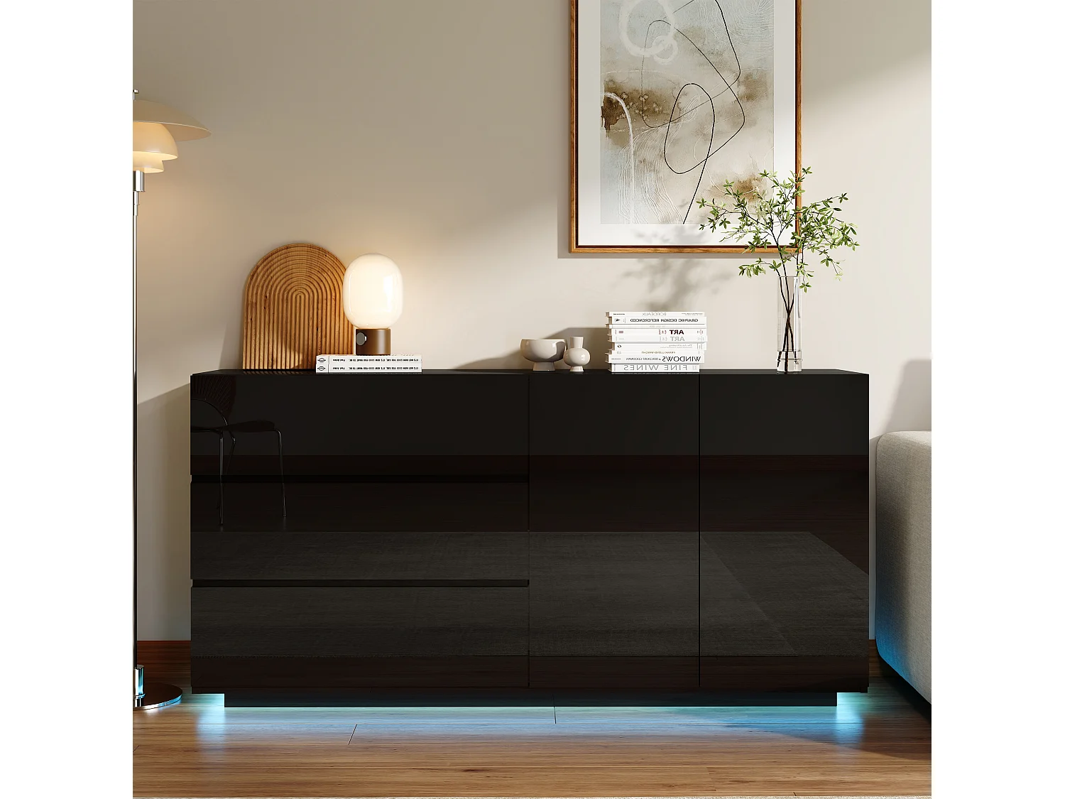 Hoogglans gelakte dressoir/commode met 2 deuren en 3 laden, woonkamermeubel met ledverlichting, keukenmeubel, zwart