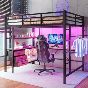 Hoogslaper 140 x 200 cm met hoekbureau, 3 lades en planken – USB-poort en sfeerverlichting – Metaal – Zwart (matras niet inbegrepen)