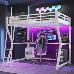 Hoogslaper 90 x 200 cm met bureau, stopcontact + USB-poort en planken – Sfeerverlichting – Metaal – Wit (matras niet inbegrepen) Hoogslaper 90 x 200 cm met bureau, stopcontact + USB-poort en planken – Sfeerverlichting – Metaal – Wit (matras niet inbegrepen)