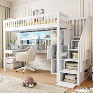 Hoogslaper 90 x 200 cm met bureau, opbergvakken en planken – LED-verlichting – Grenenhout + MDF – Wit (matras niet inbegrepen) Hoogslaper 90 x 200 cm met bureau, opbergvakken en planken – LED-verlichting – Grenenhout + MDF – Wit (matras niet inbegrepen)