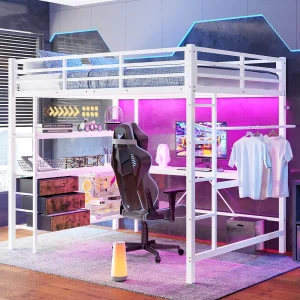 Hoogslaper 140 x 200 cm met hoekbureau, 3 lades en planken – USB-poort en sfeerverlichting – Metaal – Wit (matras niet inbegrepen)