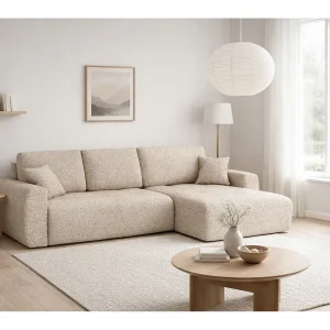 Hoekslaapbank met slaapfunctie en opbergruimte, L-vorm, Ivo XL, chenillestof Artico, Beige, Rechts Hoekslaapbank met slaapfunctie en opbergruimte, L-vorm, Ivo XL, chenillestof Artico, Beige, Rechts
