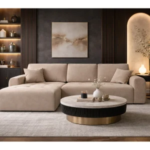 Hoekslaapbank met slaapfunctie en opbergruimte, L-vorm, Ivo XL, veloursstof Salvador, Beige, Links
