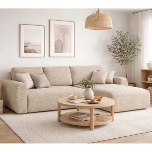 Hoekslaapbank met slaapfunctie en opbergruimte, L-vorm, Ivo L, chenillestof Artico, Beige, Rechts