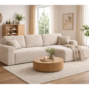 Hoekslaapbank met slaapfunctie en opbergruimte, L-vorm, Ivo XL, ribstof Poso, Beige, Rechts Hoekslaapbank met slaapfunctie en opbergruimte, L-vorm, Ivo XL, ribstof Poso, Beige, Rechts