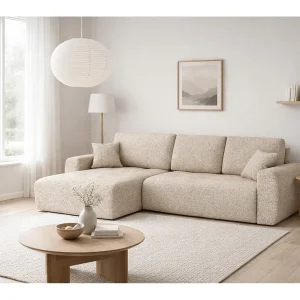 Hoekslaapbank met slaapfunctie en opbergruimte, L-vorm, Ivo XL, chenillestof Artico, Beige, Links Hoekslaapbank met slaapfunctie en opbergruimte, L-vorm, Ivo XL, chenillestof Artico, Beige, Links