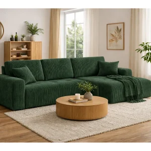 Hoekslaapbank met slaapfunctie en opbergruimte, L-vorm, Ivo XL, ribstof Poso, Groen, Rechts Hoekslaapbank met slaapfunctie en opbergruimte, L-vorm, Ivo XL, ribstof Poso, Groen, Rechts