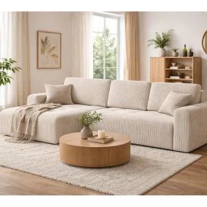 Hoekslaapbank met slaapfunctie en opbergruimte, L-vorm, Ivo XL, ribstof Poso, Beige, Links Hoekslaapbank met slaapfunctie en opbergruimte, L-vorm, Ivo XL, ribstof Poso, Beige, Links