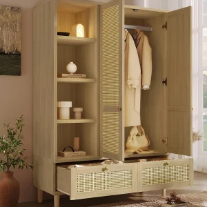 Kast 120x50x180cm – Open planken en kledingstangen – met 2 deuren en 2 rotan lades – buitenkant eikenhout – landelijke stijl – Natuur