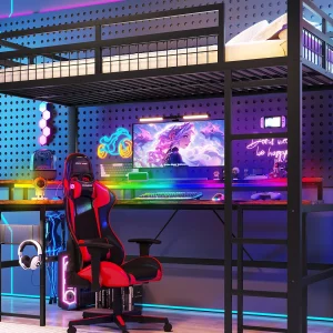 Hoogslaper 90×200 cm – LED-verlichting – Ingebouwd bureau – 1 USB-poort + 1 Type-C-poort + 2 stopcontacten – Zwart (matras niet inbegrepen) Hoogslaper 90×200 cm – LED-verlichting – Ingebouwd bureau – 1 USB-poort + 1 Type-C-poort + 2 stopcontacten – Zwart (matras niet inbegrepen)