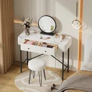 Kaptafel met marmerlook blad – 100 x 40 x 120 cm – met krukje + LED-spiegel + 2 lades – spaanplaat – wit