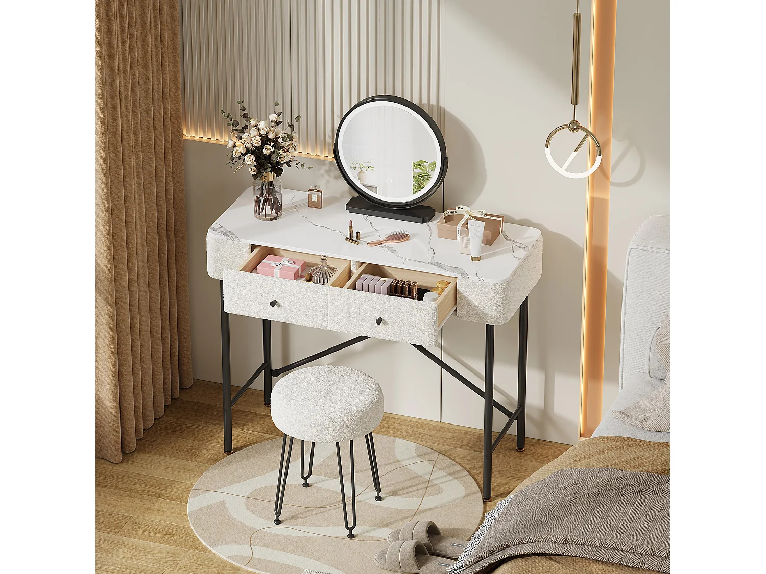 Kaptafel met marmerlook blad - 100 x 40 x 120 cm - met krukje + LED-spiegel + 2 lades - spaanplaat - wit