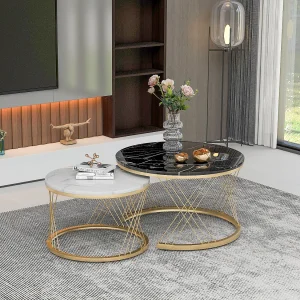 In elkaar passende salontafels van hout – Wit marmerlook fineer en goudkleurig metaal – MDF – voor de woonkamer – Zwart + wit