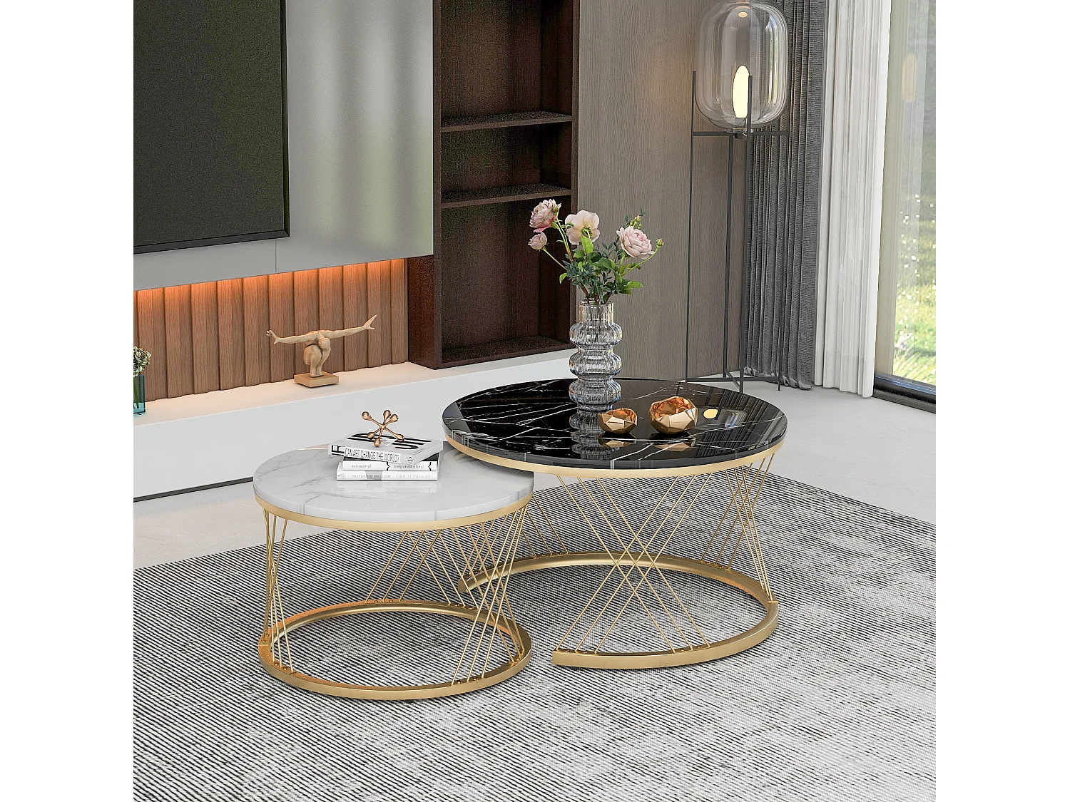 In elkaar passende salontafels van hout - Wit marmerlook fineer en goudkleurig metaal - MDF - voor de woonkamer - Zwart + wit