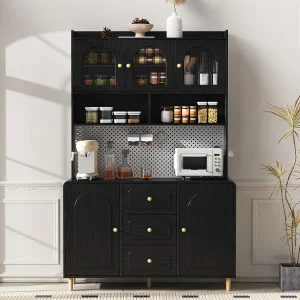 Hoog keukendressoir – 140 x 40 x 190 cm – met 3 lades + 5 deuren + planken – MDF – zwart Hoog keukendressoir – 140 x 40 x 190 cm – met 3 lades + 5 deuren + planken – MDF – zwart