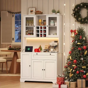 Hoog keukendressoir – 105 x 40 x 180 cm – met lade + 5 deuren + planken + LED-verlichting + stopcontacten – MDF – wit Hoog keukendressoir – 105 x 40 x 180 cm – met lade + 5 deuren + planken + LED-verlichting + stopcontacten – MDF – wit