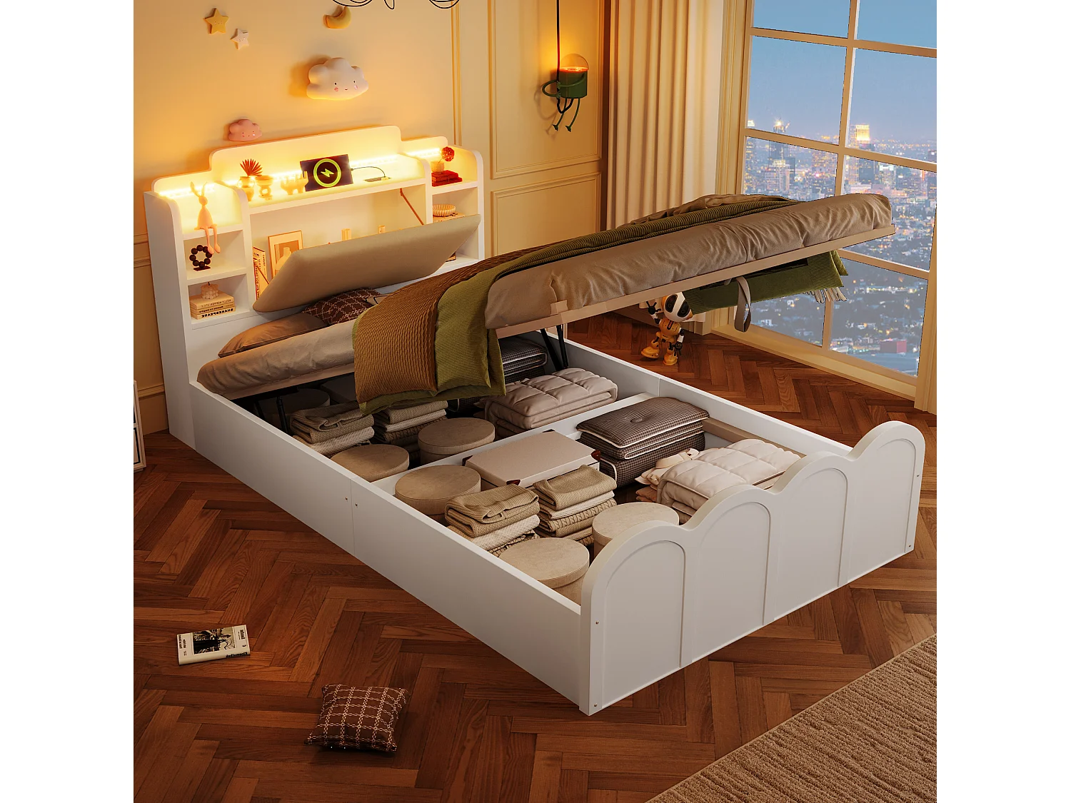 Hydraulisch opbergbed - 90 x 200 cm - met USB + LED's + uitklapbaar opberghoofdeinde - hout - wit