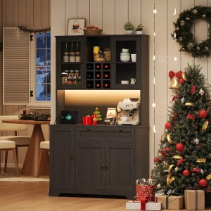 Hoog keukendressoir – 105 x 40 x 180 cm – met lade + 5 deuren + planken + LED-verlichting + stopcontacten – MDF – zwart Hoog keukendressoir – 105 x 40 x 180 cm – met lade + 5 deuren + planken + LED-verlichting + stopcontacten – MDF – zwart
