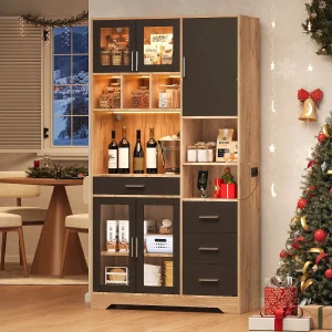 Hoog keukendressoir – 100 x 40 x 185 cm – met 4 lades + LED-verlichting + deuren + planken – MDF – naturel + zwart Hoog keukendressoir – 100 x 40 x 185 cm – met 4 lades + LED-verlichting + deuren + planken – MDF – naturel + zwart