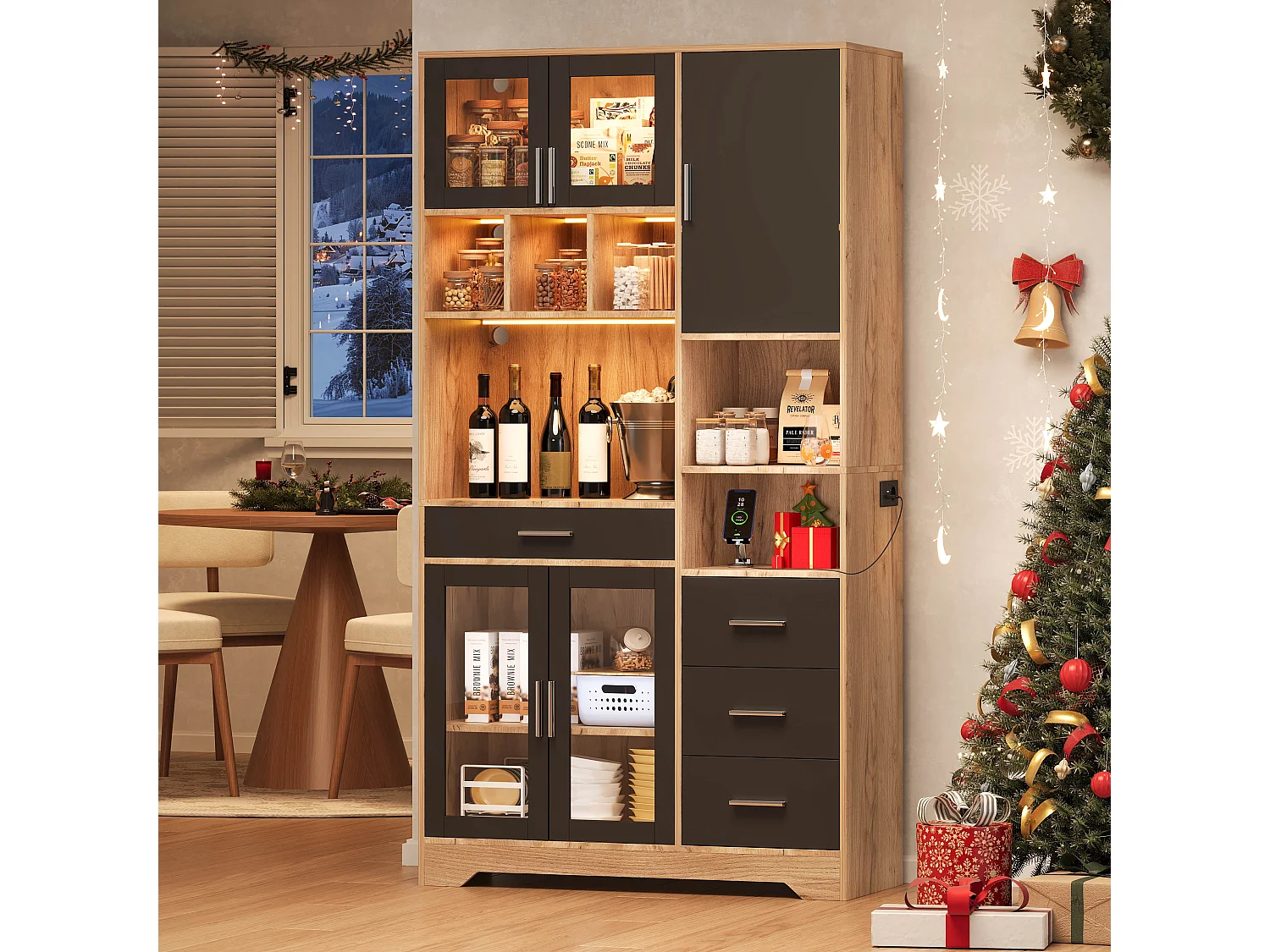 Hoog keukendressoir - 100 x 40 x 185 cm - met 4 lades + LED-verlichting + deuren + planken - MDF - naturel + zwart