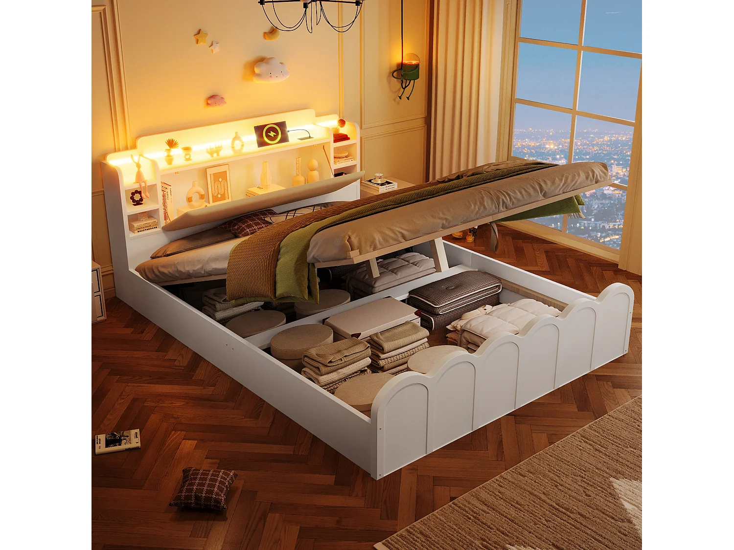 Hydraulisch opbergbed - 140 x 200 cm - met USB + LED's + uitklapbaar opberghoofdeinde - hout - wit