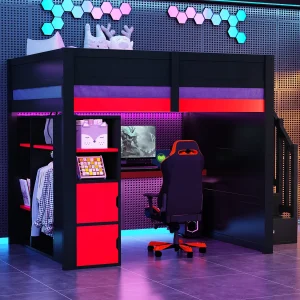 Houten game-hoogslaper – 140 x 200 cm – met bureau + ledverlichting + plank en opbergtrap + kledingkast – MDF – zwart + rood Houten game-hoogslaper – 140 x 200 cm – met bureau + ledverlichting + plank en opbergtrap + kledingkast – MDF – zwart + rood