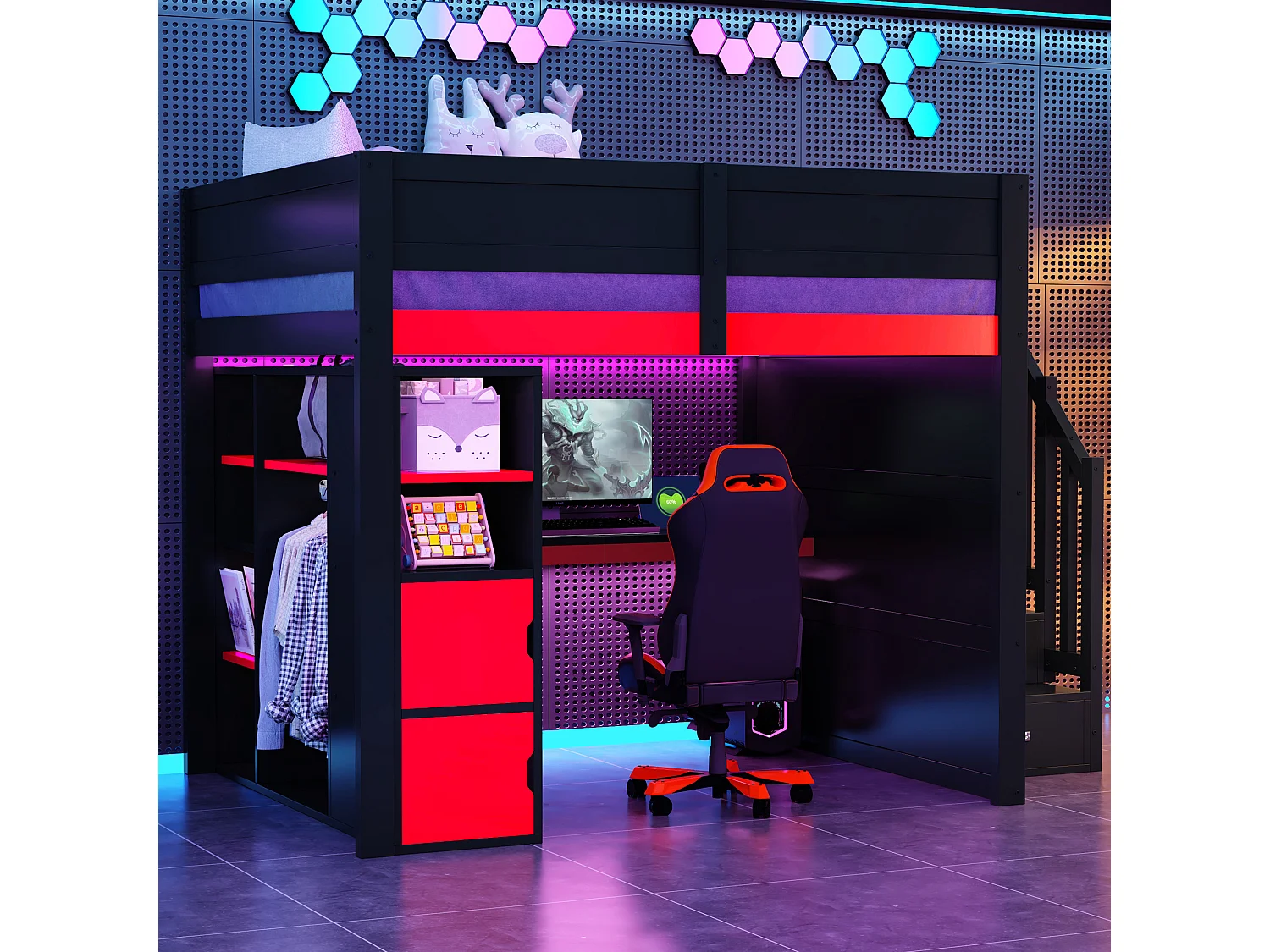 Houten game-hoogslaper - 140 x 200 cm - met bureau + ledverlichting + plank en opbergtrap + kledingkast - MDF - zwart + rood